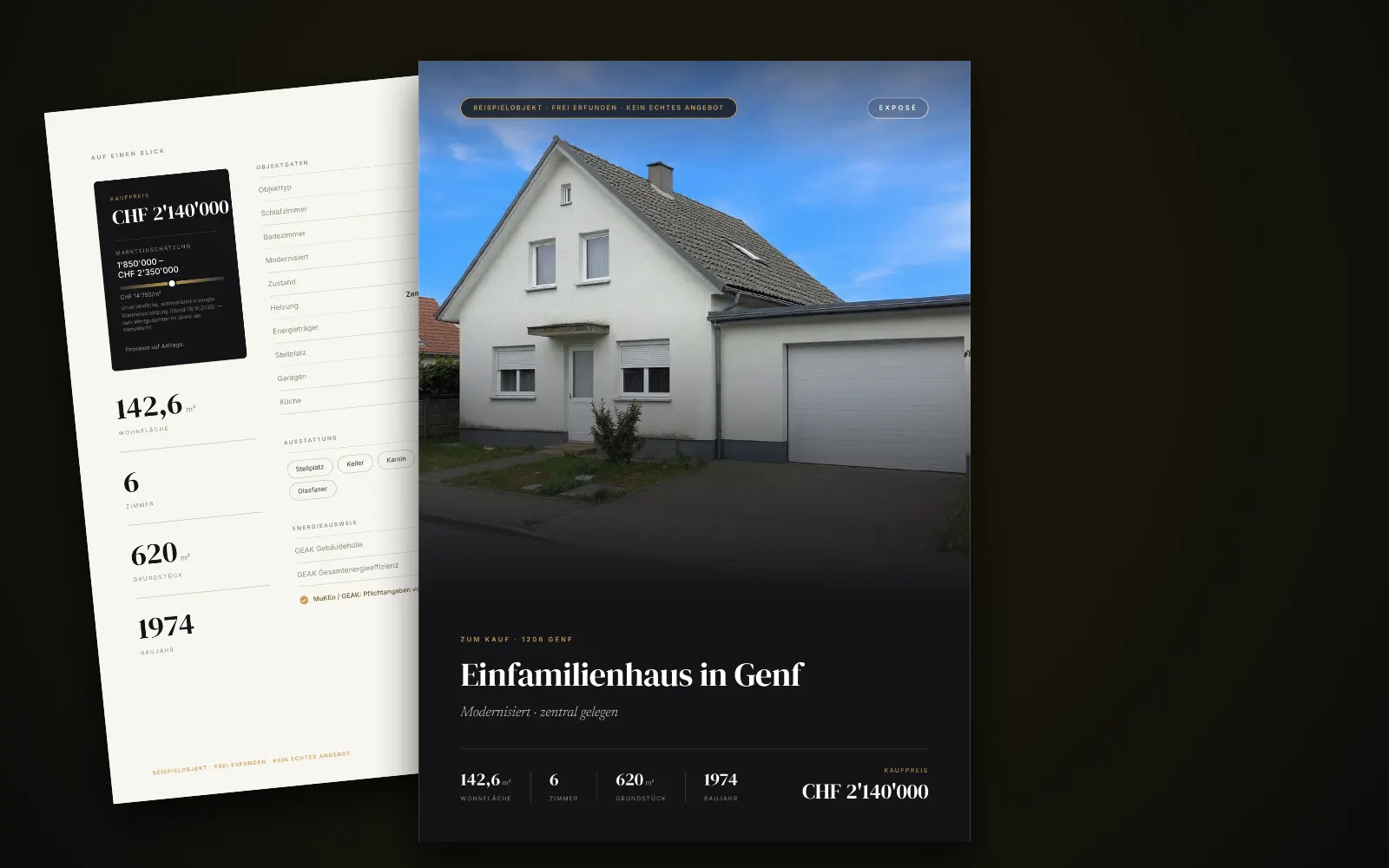 Exposé des Beispielobjekts in Genf: Titelseite mit Foto, Titel und Kaufpreis, dahinter zwei weitere Seiten